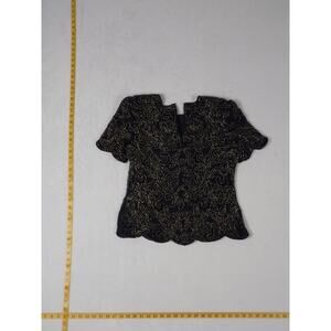 Stenay Vintage Beaded Evening Top Green Gold Floral Scalloped‎ Blouse Womens L